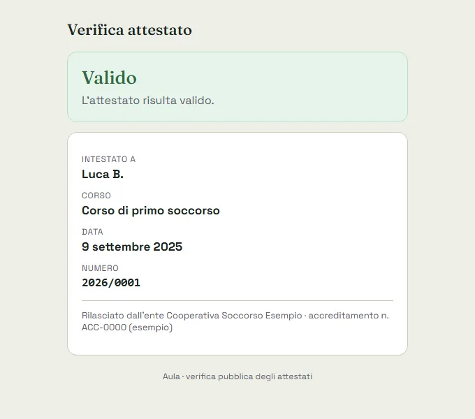 Pagina pubblica di verifica di un attestato: stato valido, nome e iniziale del cognome, corso, data, numero ed ente che l'ha rilasciato.
